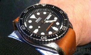 Inexpensive Full Grain Leather Watch Strap on wrist