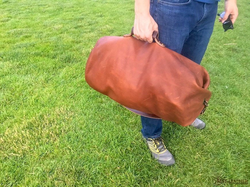 leather military style duffle bag