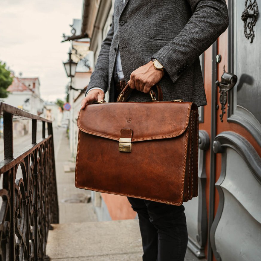 Modern Full Grain Leather Briefcase for Men with Shoulder Strap